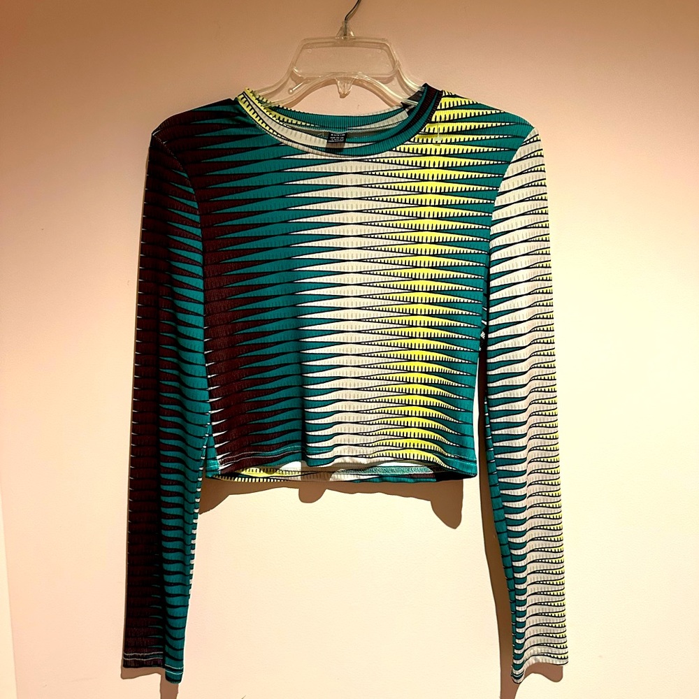 SHEIN Teal, Yellow & White Zigzag Long Sleeve Crop Top